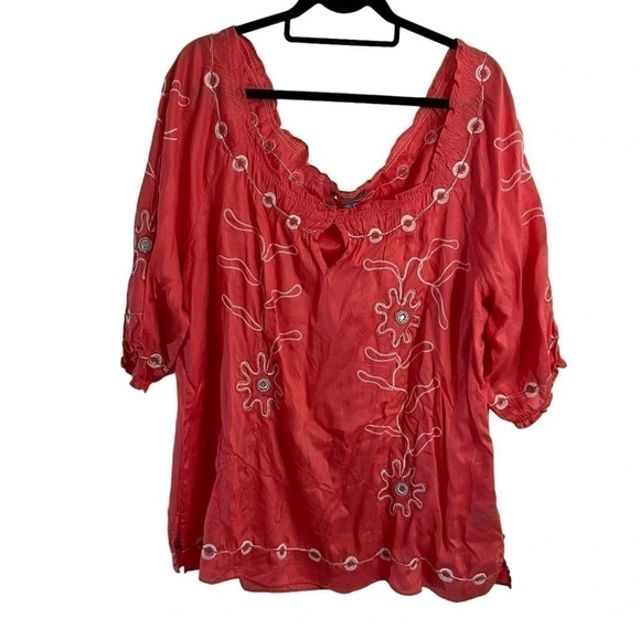 NY Collection Blouse 1X Peach Flower Embroidered Mirror Accent Embellished Top - Picture 1 of 9